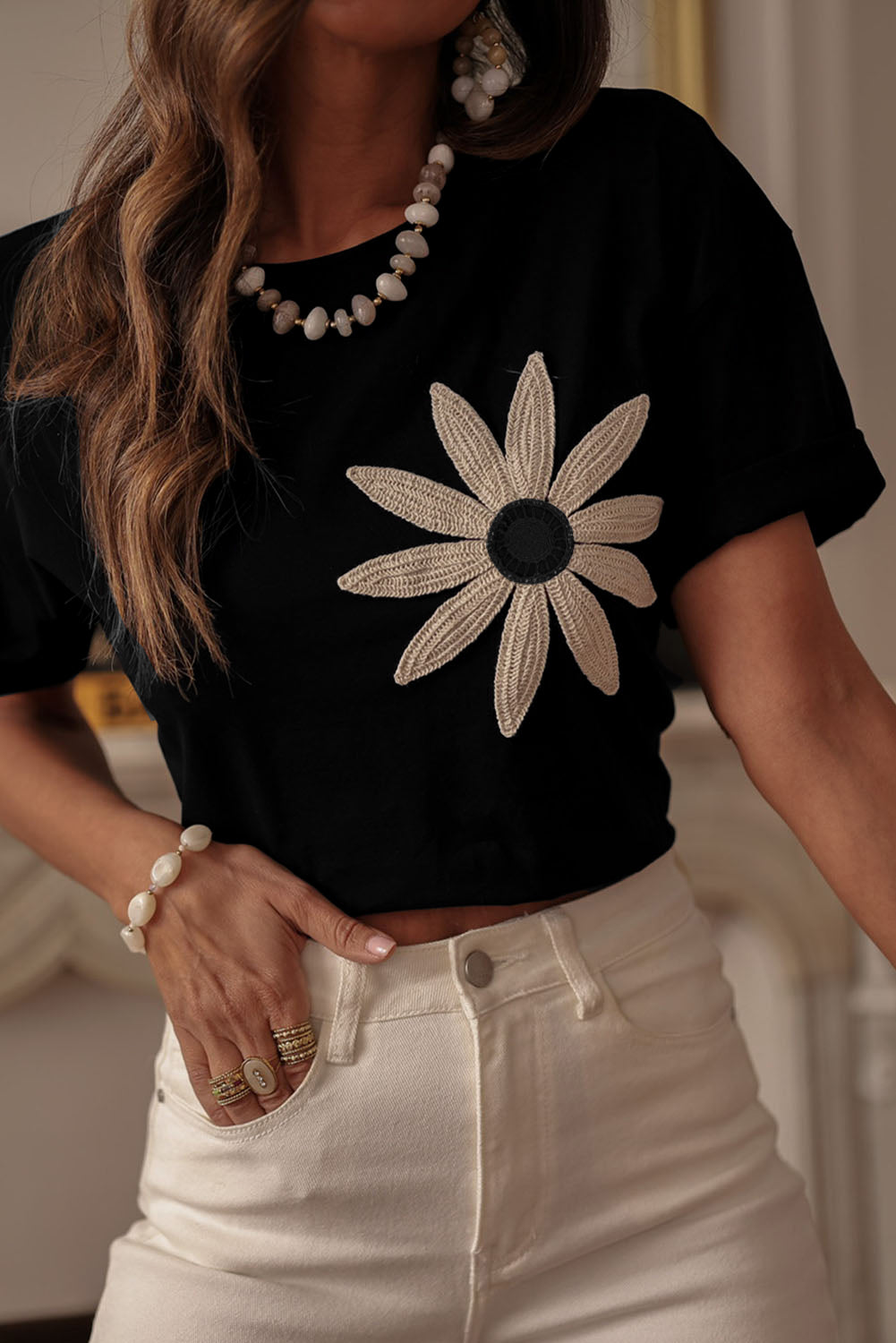 Crochet Floral Loose-Fit Tee