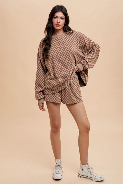 Annie Wear Checkered Round Neck Top and Drawstring Shorts Set - Curated by tt