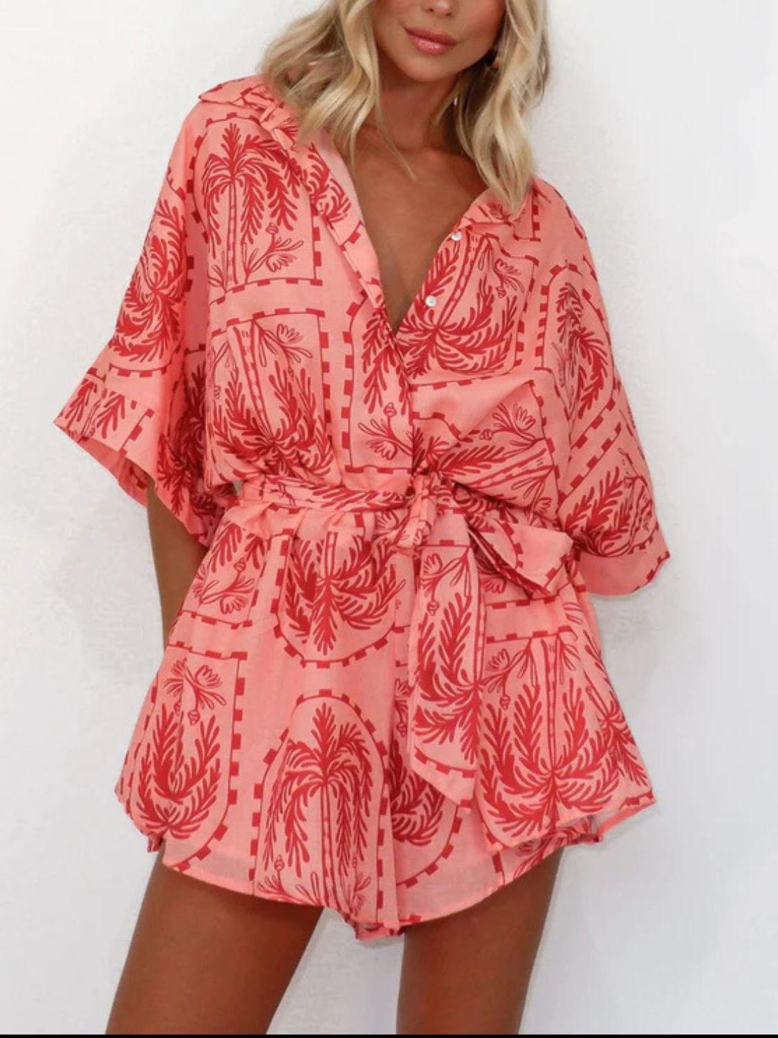 Printed Tie Waist Half Sleeve Romper - Curated by tt