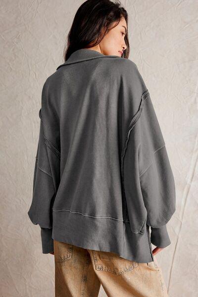 Exposed Seam Side Slit Long Sleeve Sweatshirt - Curated by tt