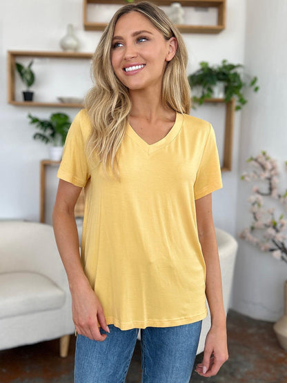 Basic Bae Bamboo Full Size V-Neck High-Low T-Shirt - Curated by tt