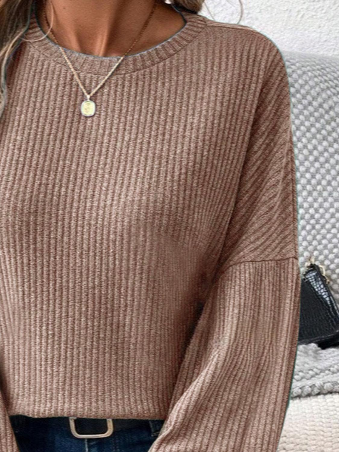 Ribbed Round Neck Lantern Sleeve T-Shirt - Curated by tt