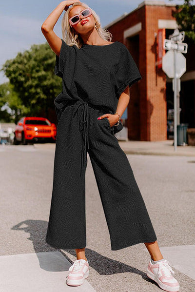 Black Textured Loose Fit T Shirt and Drawstring Pants Set - Curated by tt