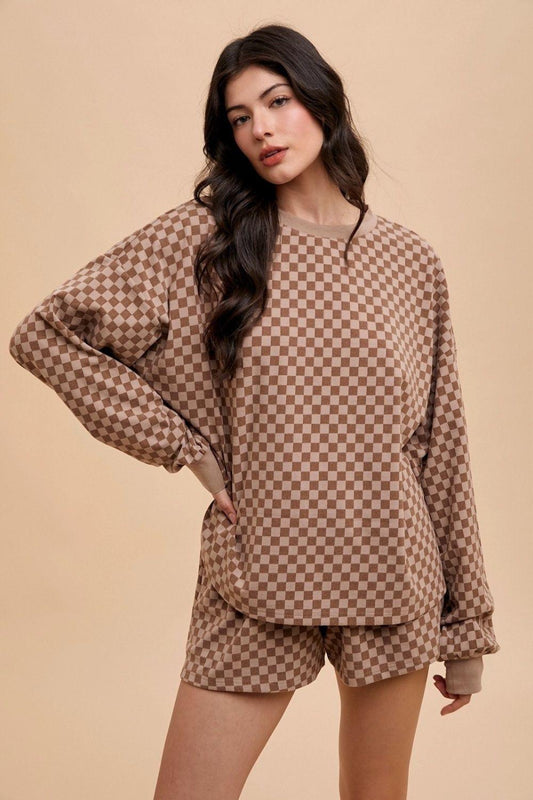 Annie Wear Checkered Round Neck Top and Drawstring Shorts Set - Curated by tt