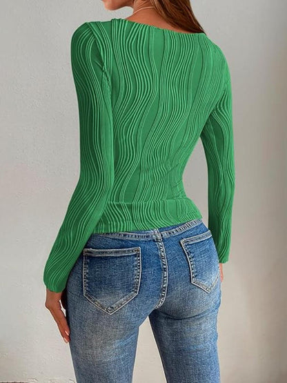 Textured Round Neck Long Sleeve Top - Curated by tt
