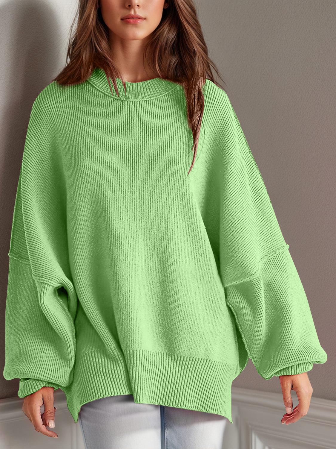 Double Take Side Slit Round Neck Long Sleeve Sweater - Curated by tt