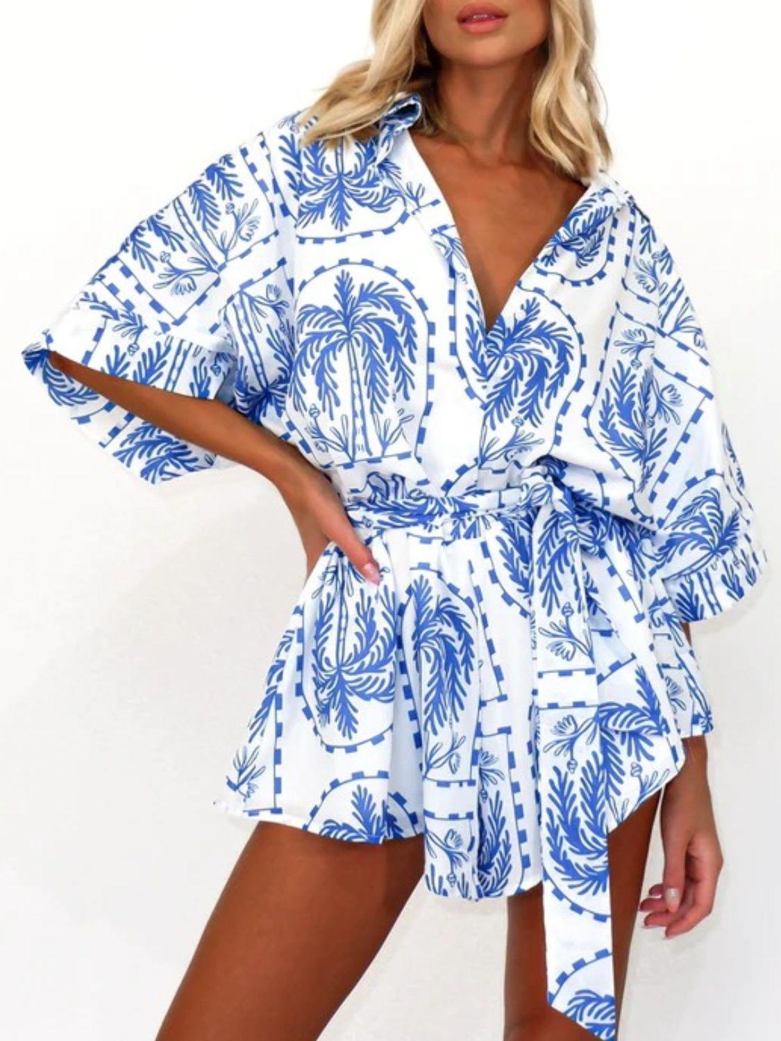 Printed Tie Waist Half Sleeve Romper - Curated by tt