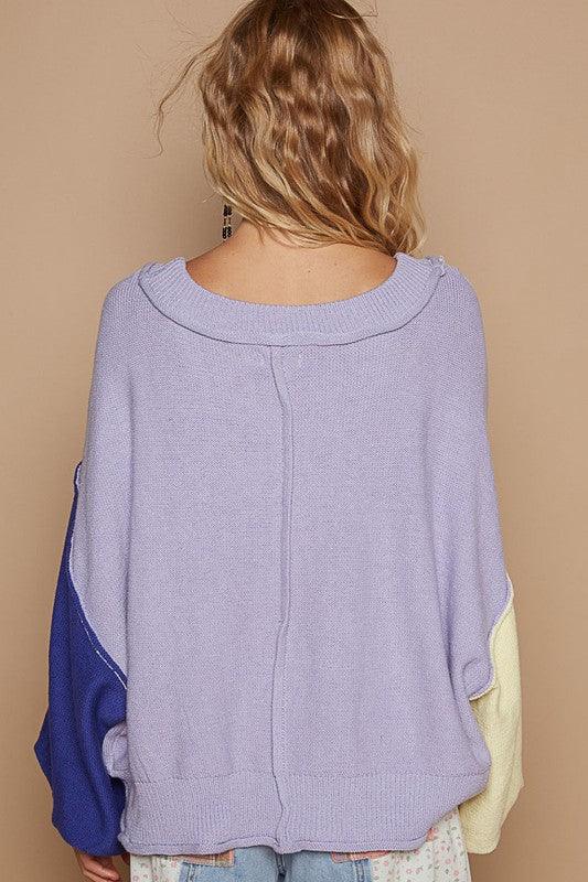 POL Exposed Seam Contrast V-Neck Lantern Sleeve Sweater - Curated by tt
