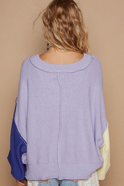 POL Exposed Seam Contrast V-Neck Lantern Sleeve Sweater - Curated by tt