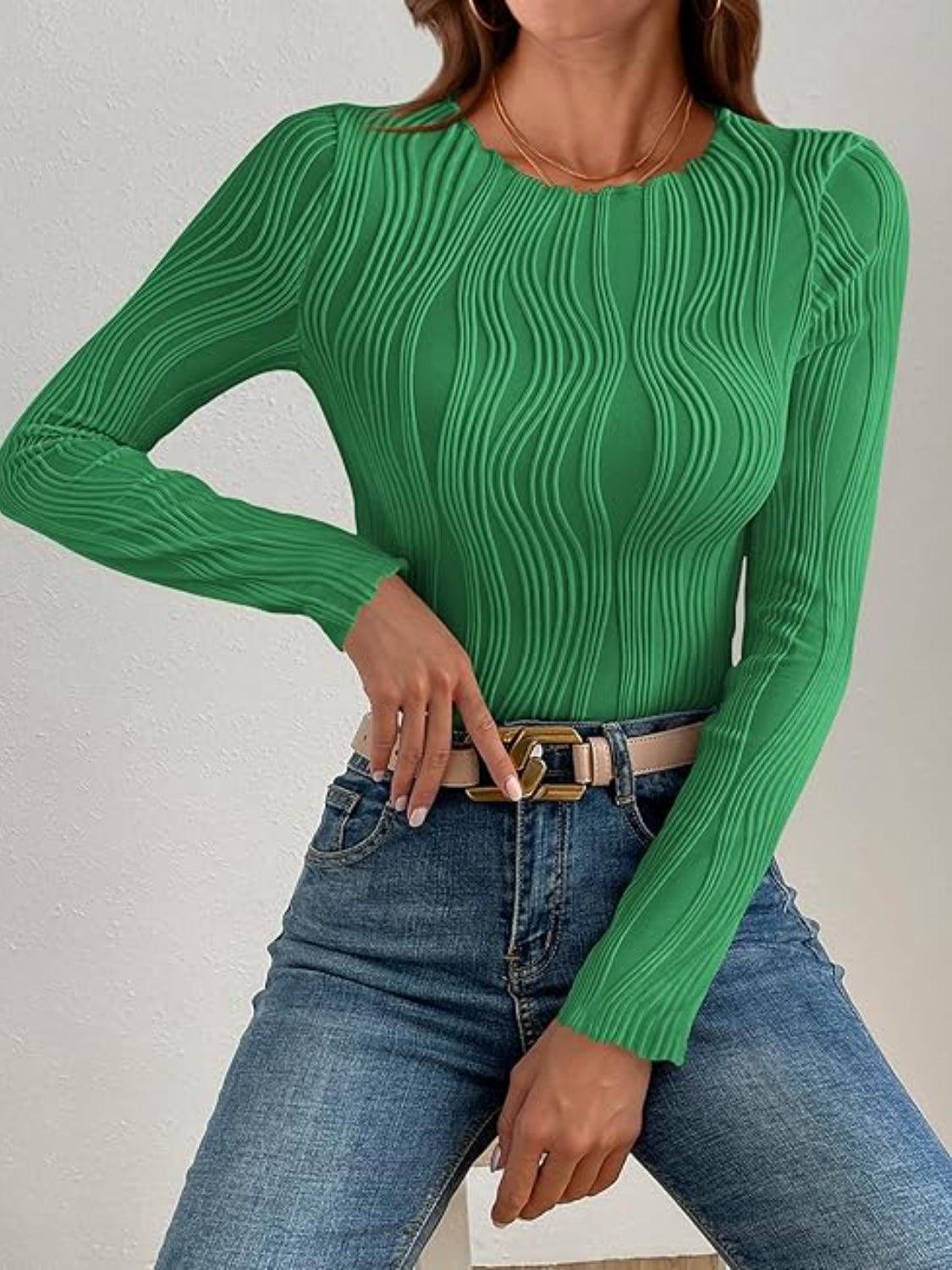 Textured Round Neck Long Sleeve Top - Curated by tt