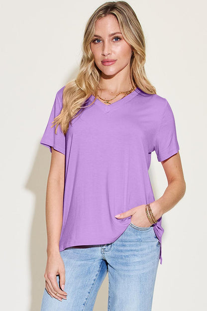 Basic Bae Bamboo Full Size V-Neck High-Low T-Shirt - Curated by tt