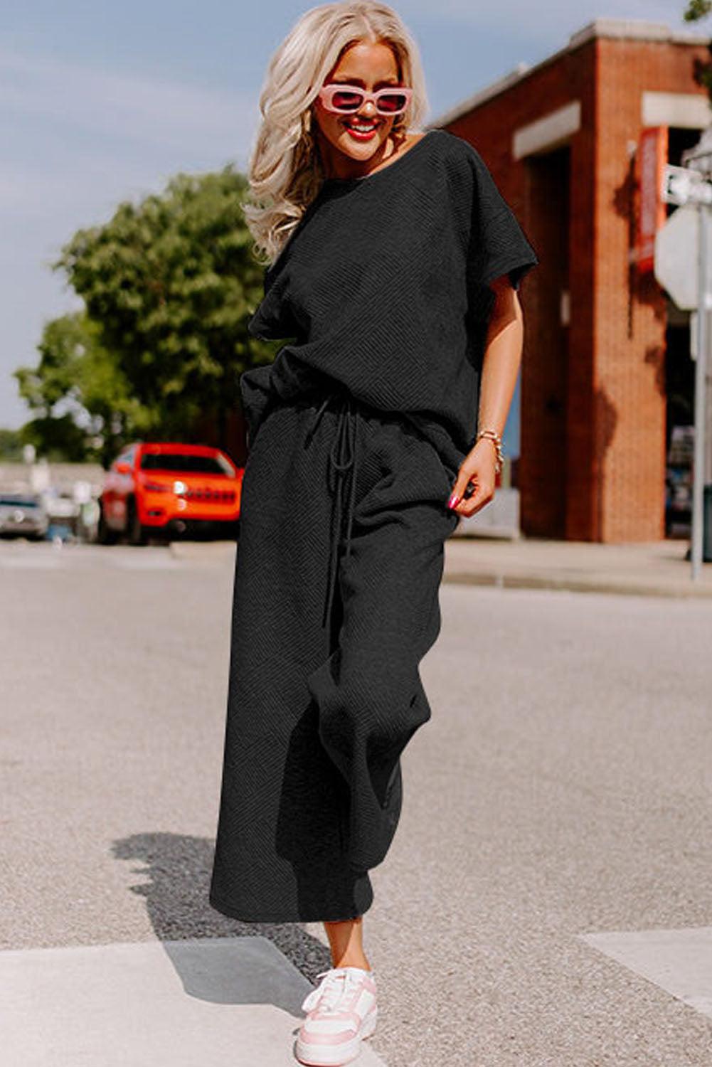 Black Textured Loose Fit T Shirt and Drawstring Pants Set - Curated by tt