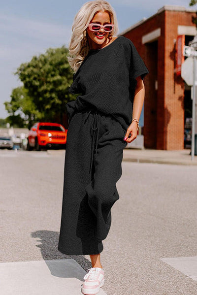 Black Textured Loose Fit T Shirt and Drawstring Pants Set - Curated by tt