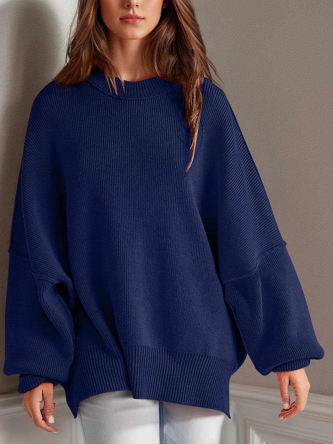 Double Take Side Slit Round Neck Long Sleeve Sweater - Curated by tt