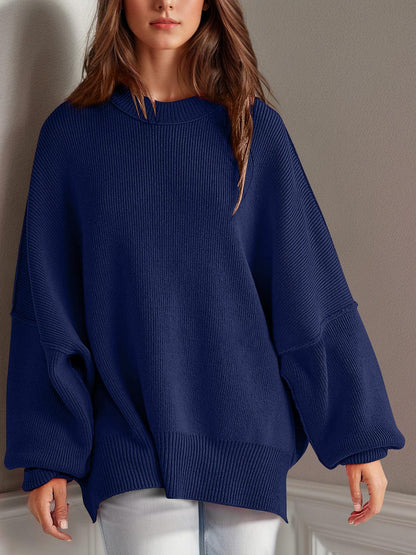 Double Take Side Slit Round Neck Long Sleeve Sweater - Curated by tt