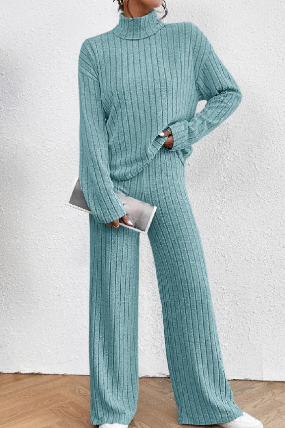Mock Neck Dropped Shoulder Top and Pants Set - Curated by tt