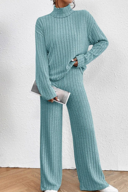 Mock Neck Dropped Shoulder Top and Pants Set - Curated by tt