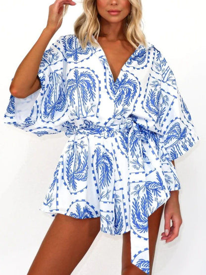 Printed Tie Waist Half Sleeve Romper - Curated by tt