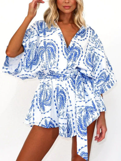 Printed Tie Waist Half Sleeve Romper - Curated by tt