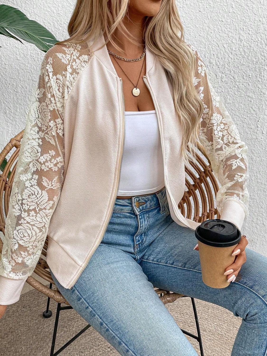 Lace Baseball Collar Zip Up Jacket - Curated by tt