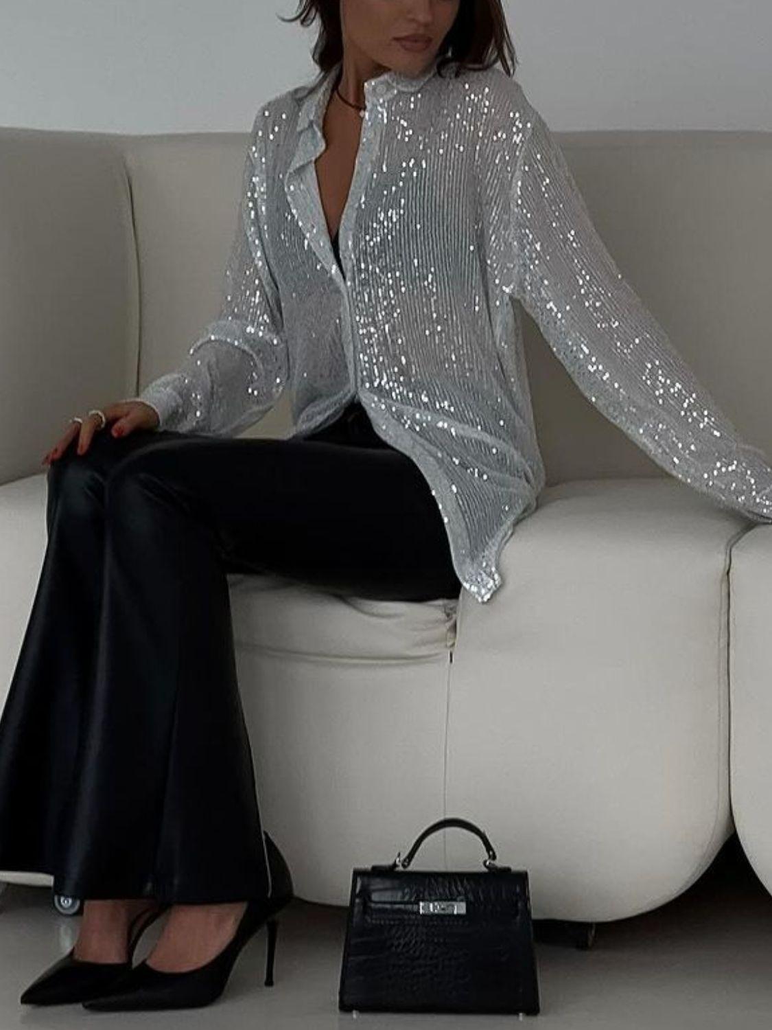 Sequin Button Up Long Sleeve Shirt - Curated by tt