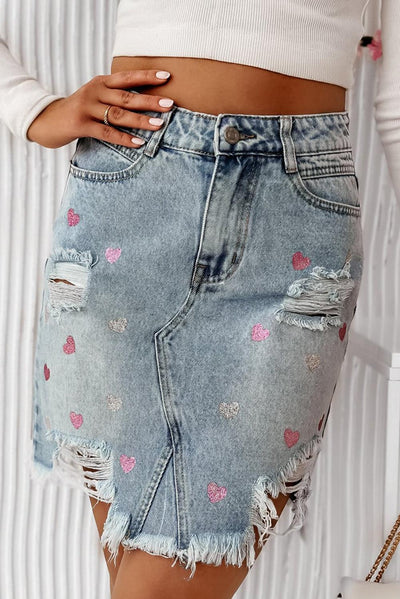 Heart Pattern Distressed Denim Mini Skirt - Curated by tt