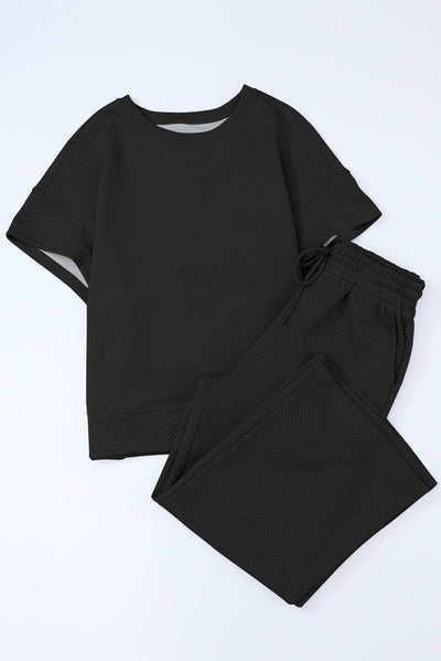 Black Textured Loose Fit T Shirt and Drawstring Pants Set - Curated by tt