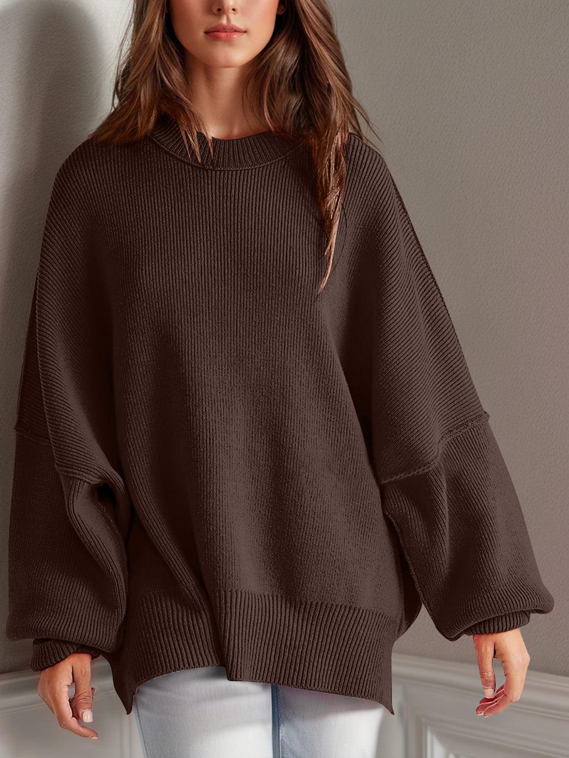 Double Take Side Slit Round Neck Long Sleeve Sweater - Curated by tt