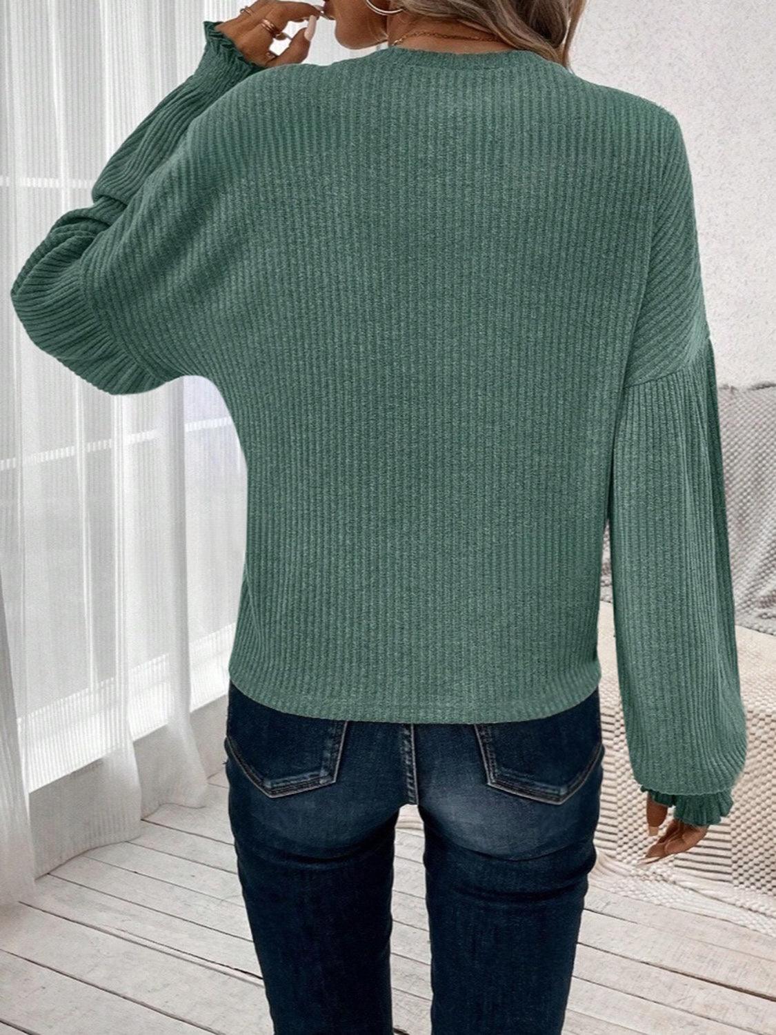 Ribbed Round Neck Lantern Sleeve T-Shirt - Curated by tt