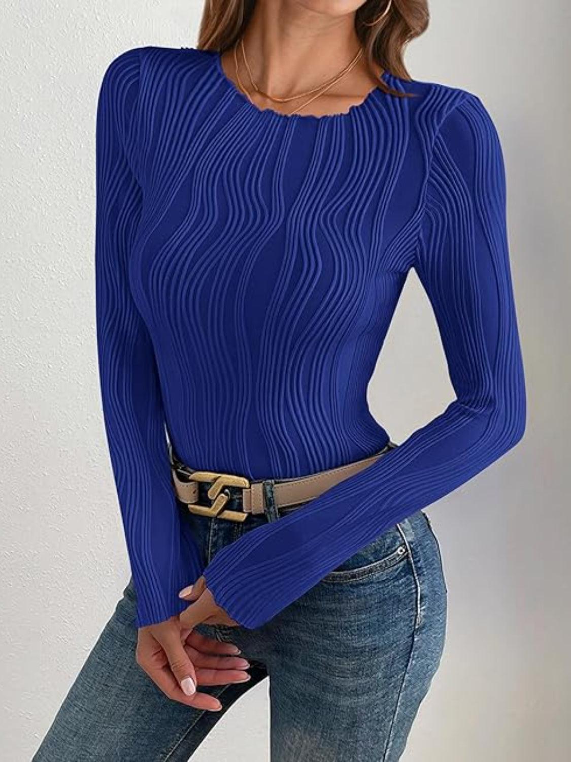 Textured Round Neck Long Sleeve Top - Curated by tt