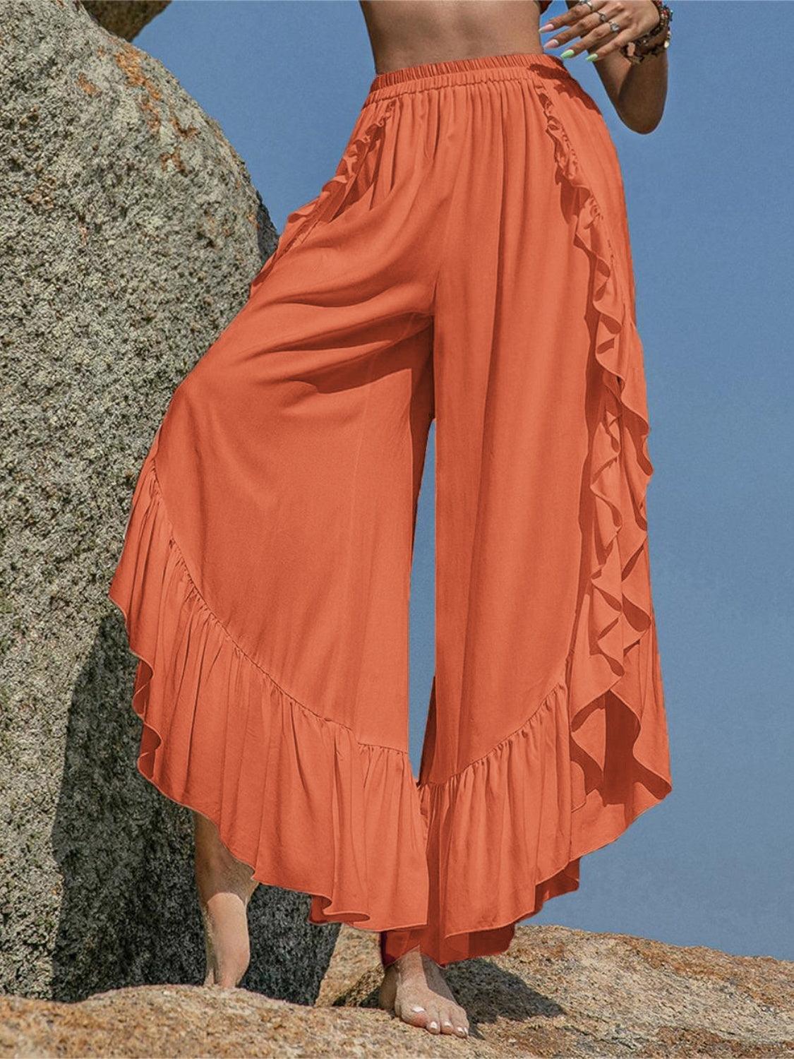Ruffled Slit Wide Leg Pants - Curated by tt
