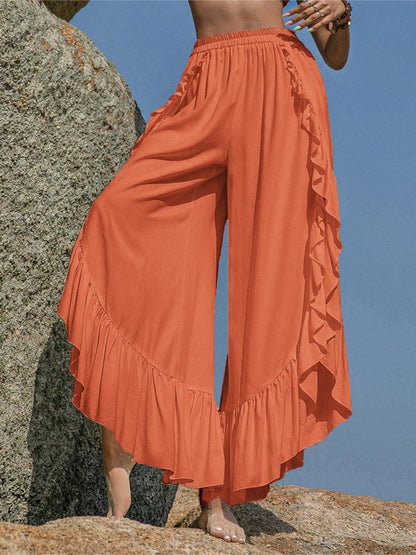 Ruffled Slit Wide Leg Pants - Curated by tt