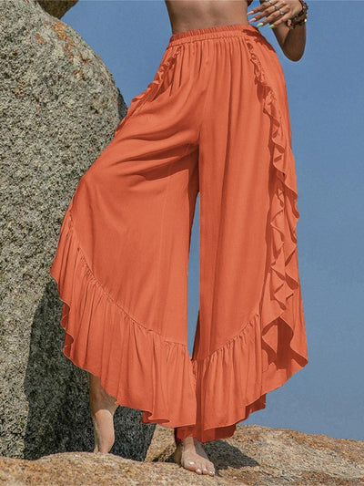 Ruffled Slit Wide Leg Pants - Curated by tt