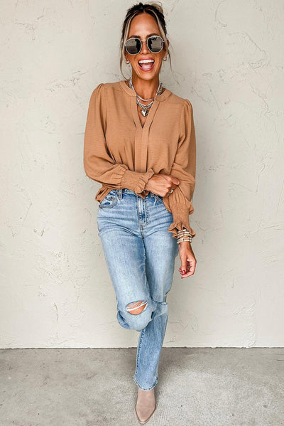 Straw Yellow Solid Color Shirred Cuff Notch V Neck Blouse - Curated by tt