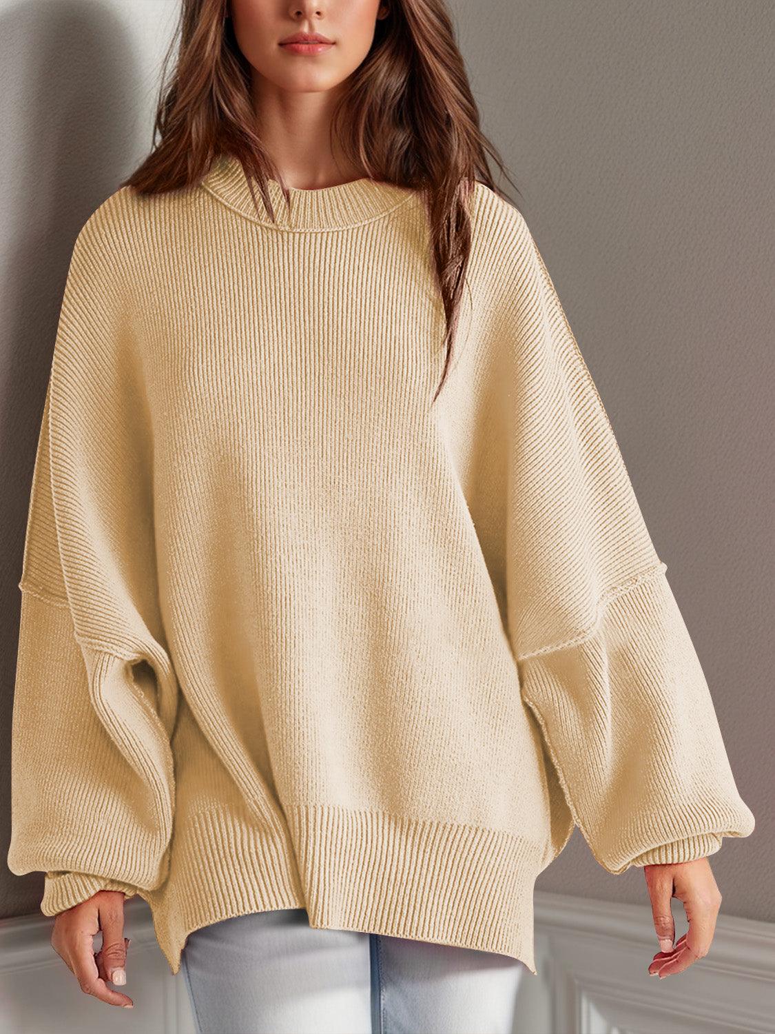 Double Take Side Slit Round Neck Long Sleeve Sweater - Curated by tt