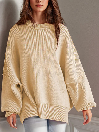 Double Take Side Slit Round Neck Long Sleeve Sweater - Curated by tt