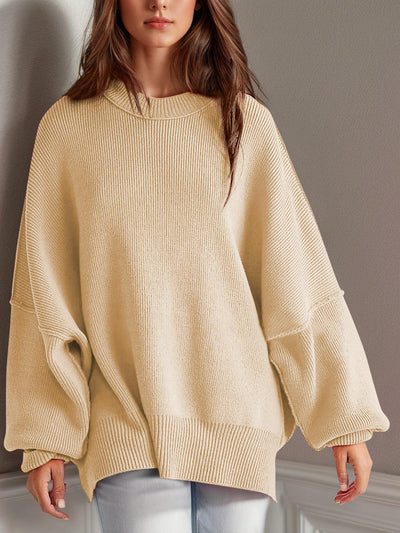 Double Take Side Slit Round Neck Long Sleeve Sweater - Curated by tt