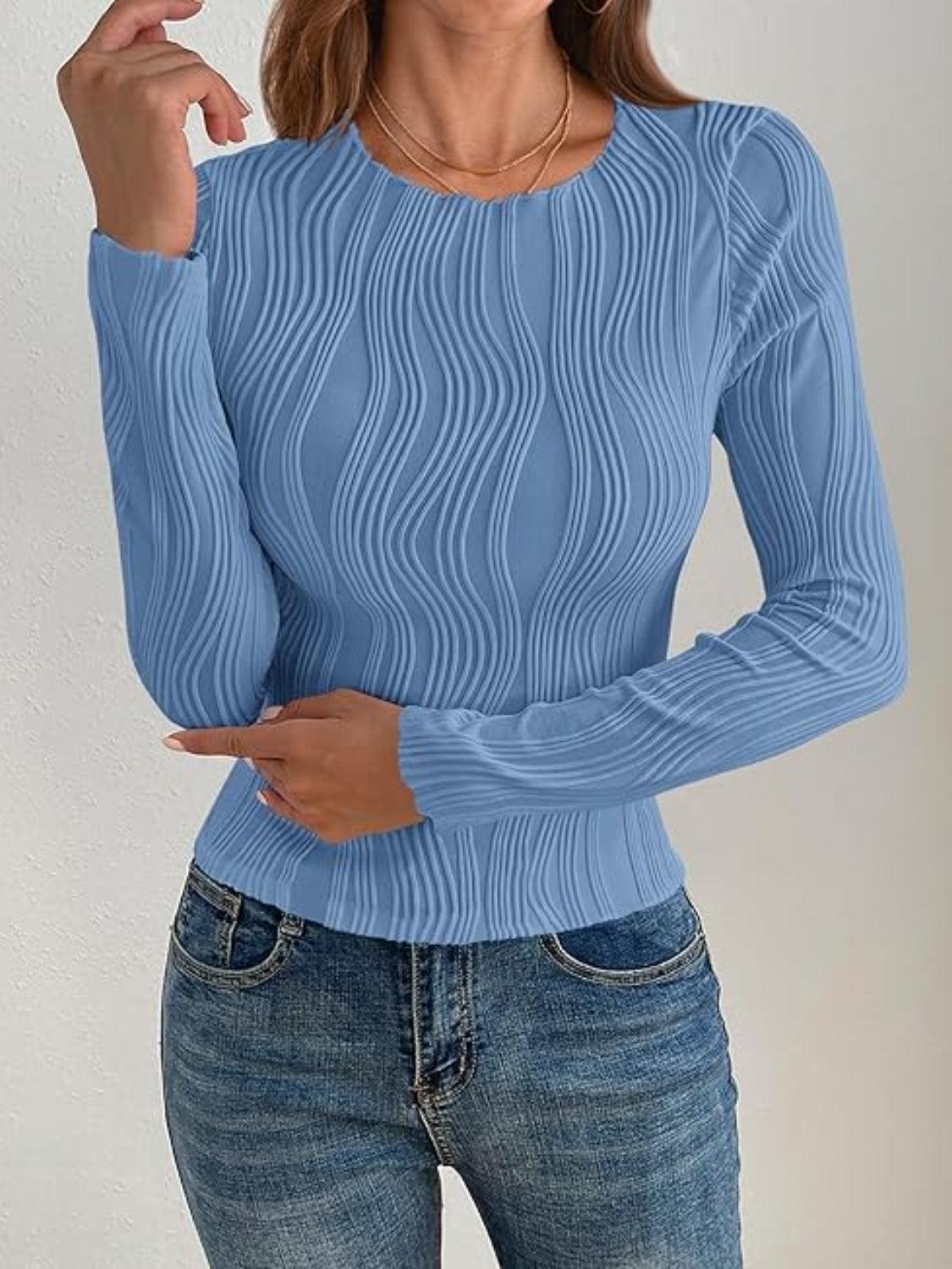 Textured Round Neck Long Sleeve Top - Curated by tt