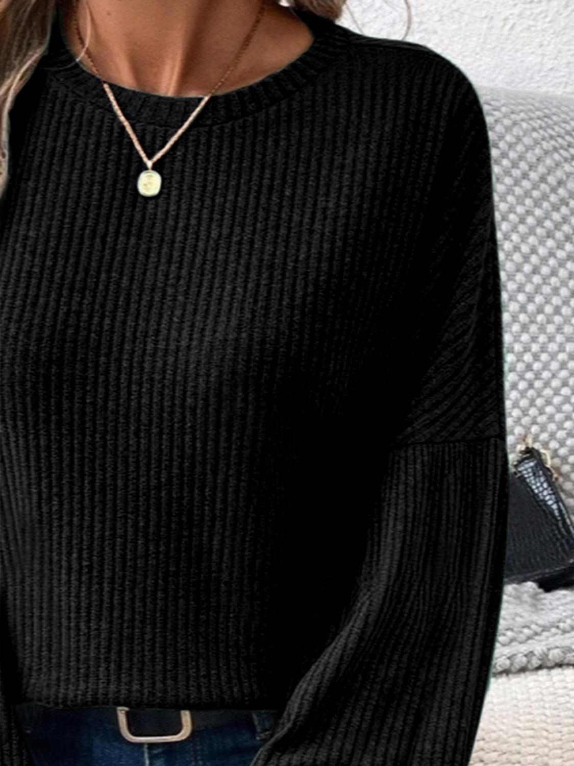 Ribbed Round Neck Lantern Sleeve T-Shirt - Curated by tt