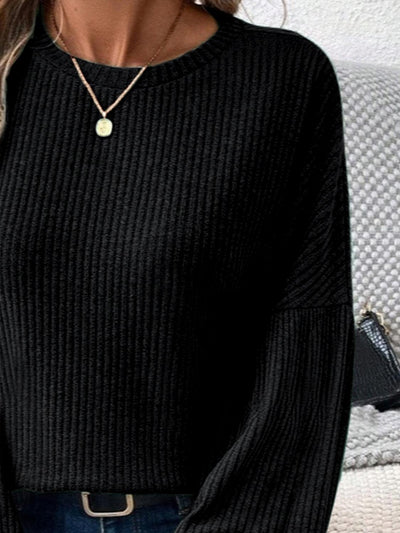Ribbed Round Neck Lantern Sleeve T-Shirt - Curated by tt