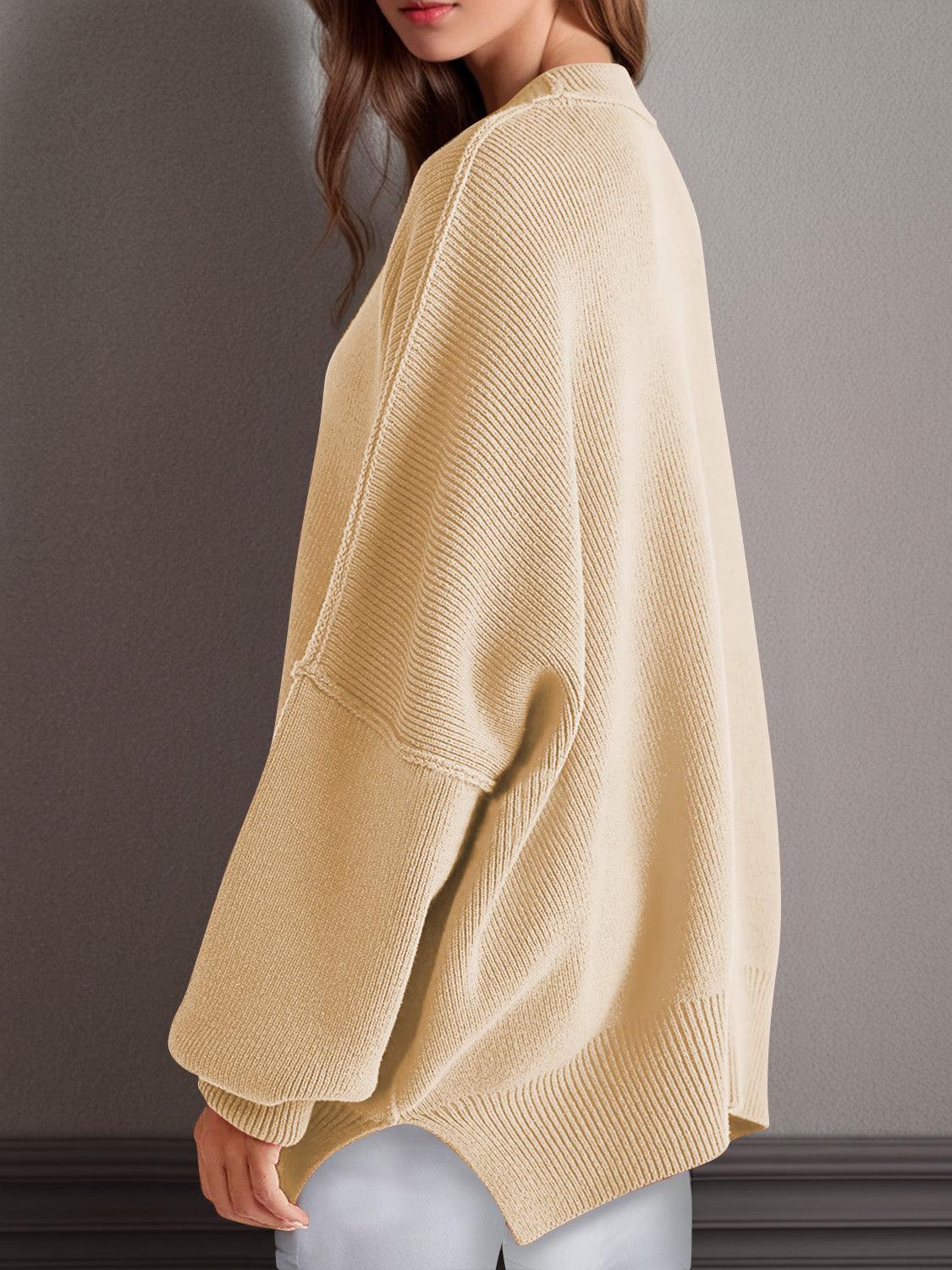 Double Take Side Slit Round Neck Long Sleeve Sweater - Curated by tt