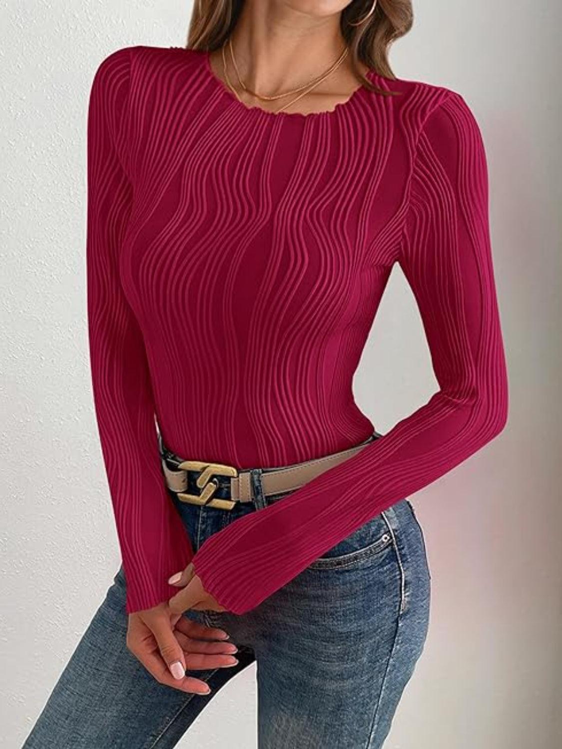 Textured Round Neck Long Sleeve Top - Curated by tt
