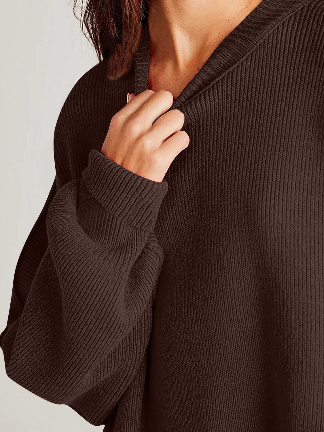 Double Take Side Slit Round Neck Long Sleeve Sweater - Curated by tt