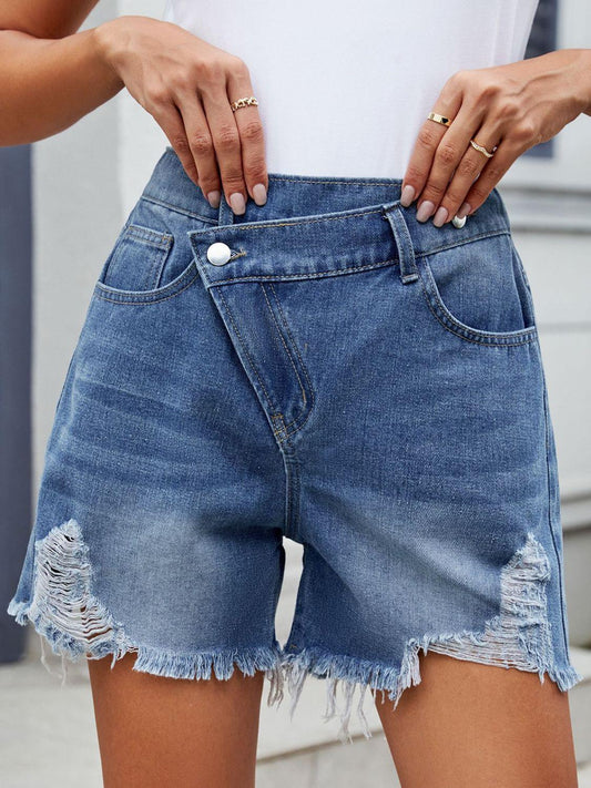 Distressed Raw Hem Asymmetrical Waist Denim Shorts - Curated by tt