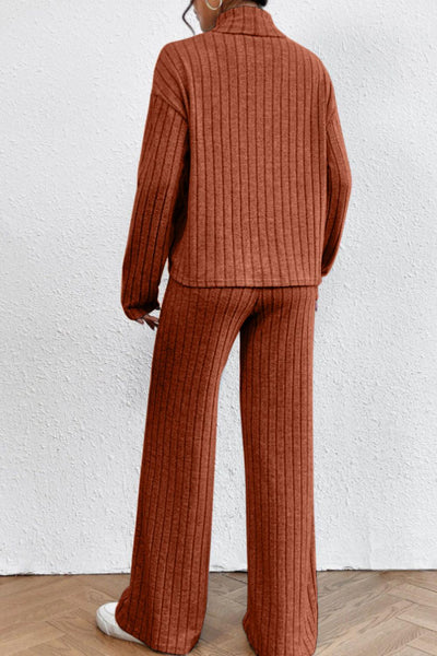 Mock Neck Dropped Shoulder Top and Pants Set - Curated by tt