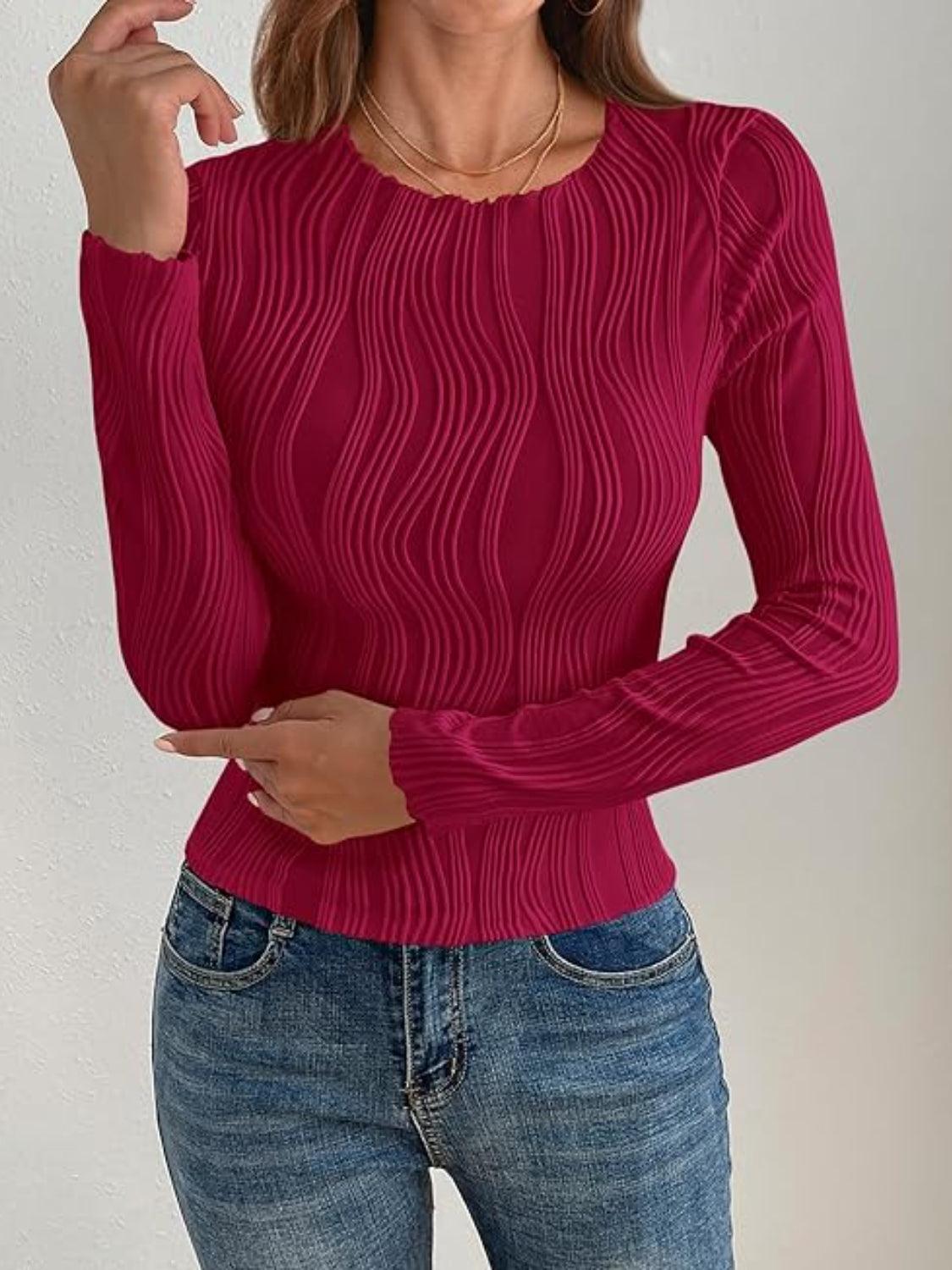 Textured Round Neck Long Sleeve Top - Curated by tt