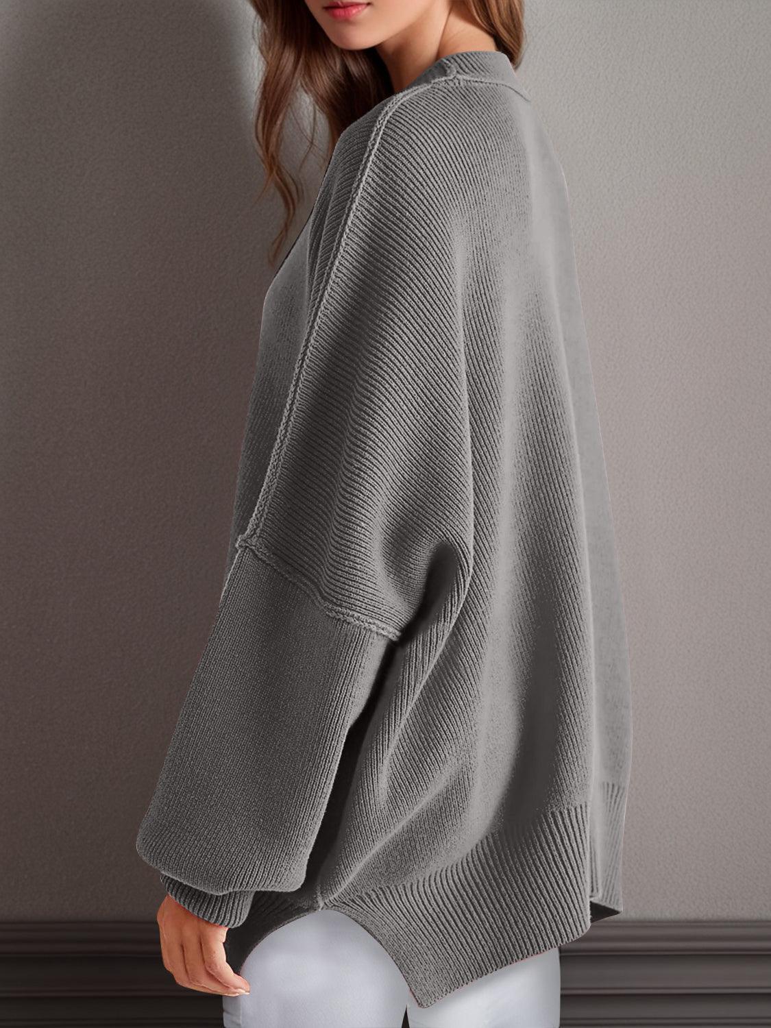Double Take Side Slit Round Neck Long Sleeve Sweater - Curated by tt