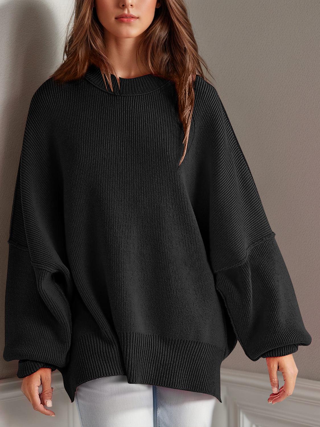 Double Take Side Slit Round Neck Long Sleeve Sweater - Curated by tt