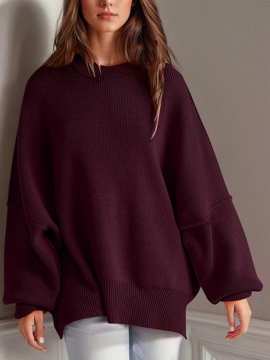 Double Take Side Slit Round Neck Long Sleeve Sweater - Curated by tt