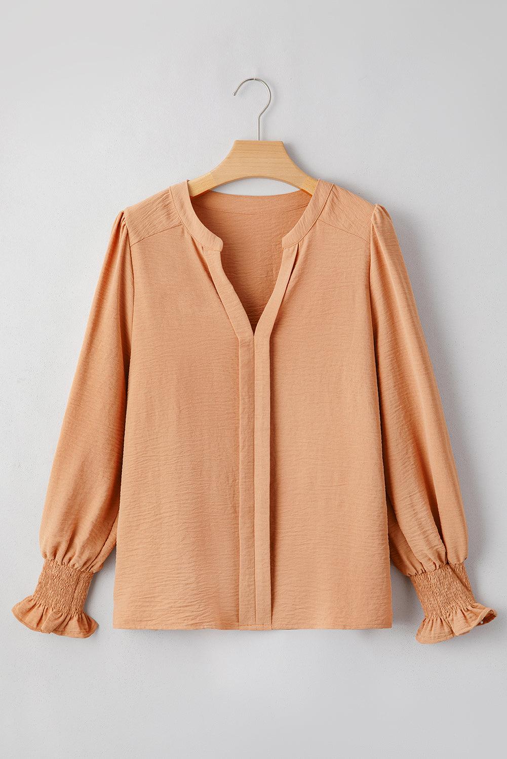 Straw Yellow Solid Color Shirred Cuff Notch V Neck Blouse - Curated by tt